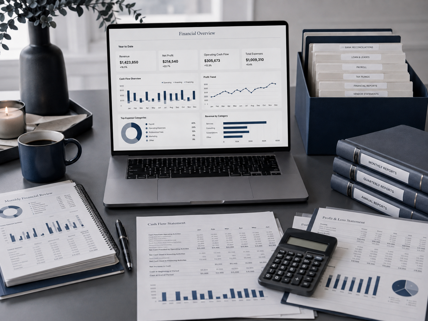 Professional bookkeeping workspace with financial reports, laptop, and organized records