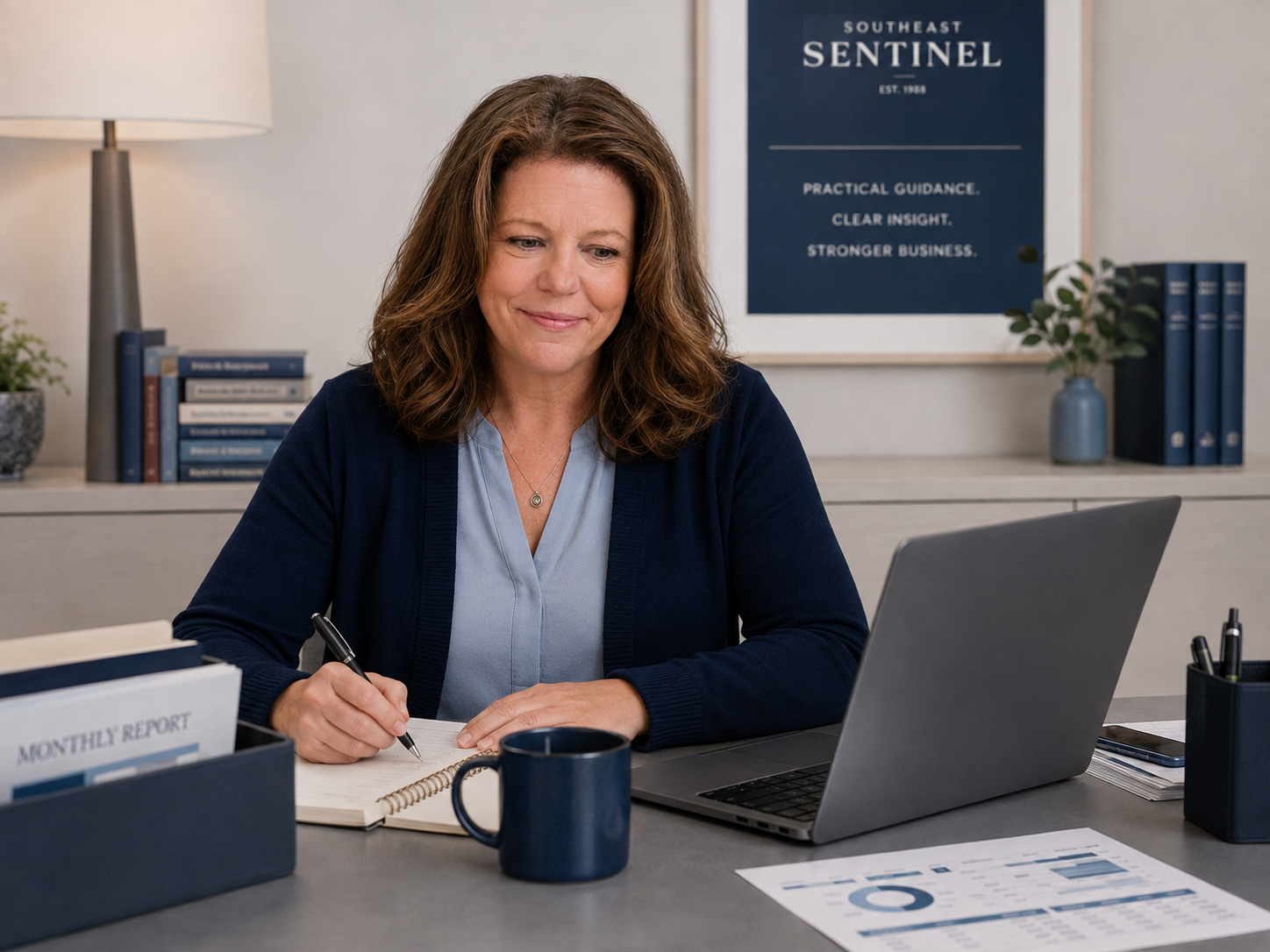 Christina Newsom preparing practical financial guidance at her desk