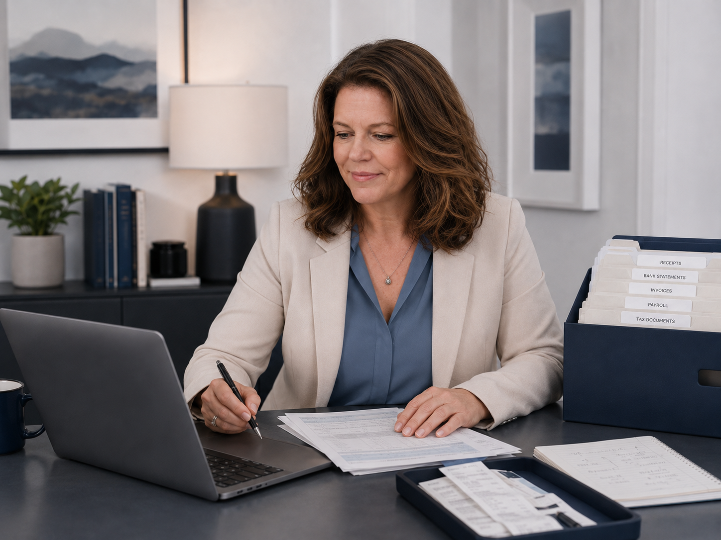 Christina Newsom reviewing financial records and bookkeeping information