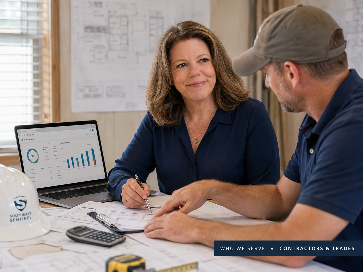 Christina Newsom discussing financial reports with a contractor